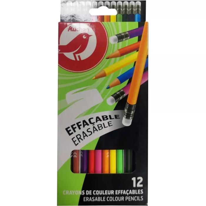 AUCHAN 12 ERASABLE PLASTIC COLOUR PENCILS 18 CM
