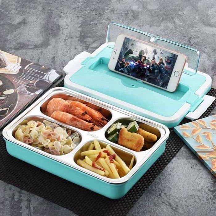 Boîte à lunch isotherme en Acier inoxydable 4 Compartiment avec Cuillère et fourchette, Antidérapante, Garder Au Chaud