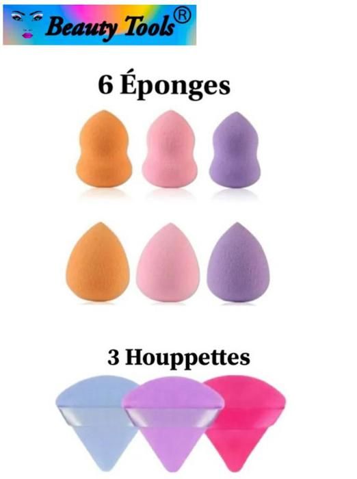 Éponge À Poudre , Houppettes Triangulaire ,lot de 6 Mini Éponges et 3 Houpettes , Couleurs Aléatoires.