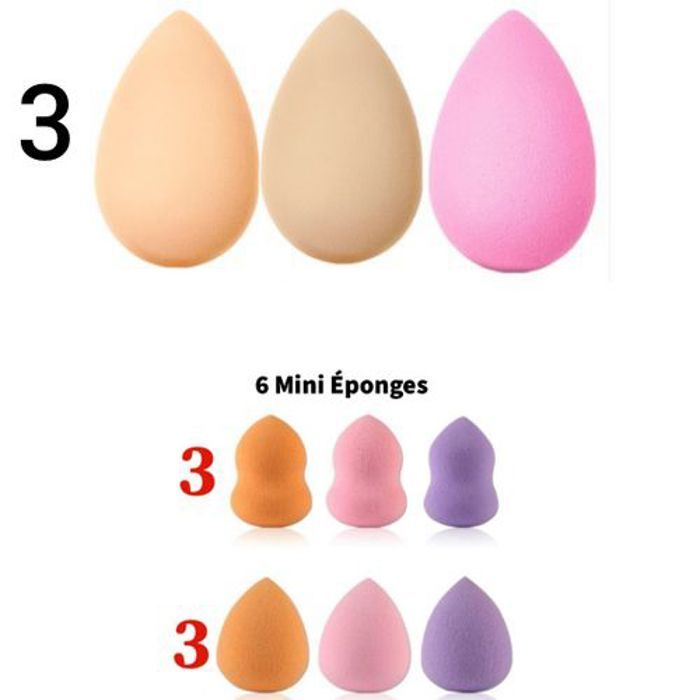Eponge de maquillage, pack de 3 moyennes éponges plus 6 mini éponges,Sans Latex.Couleurs aléatoires.