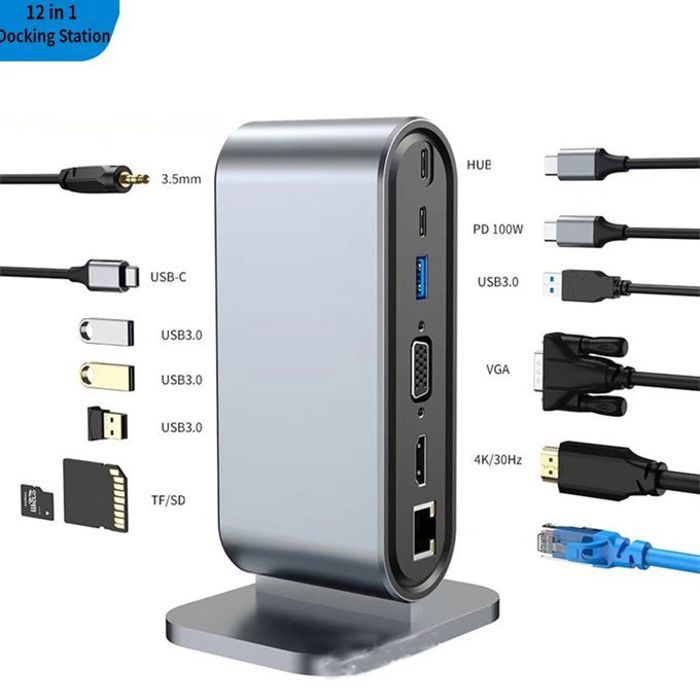 BYL-2201 Station d'accueil USB C concentrateur USB-C PD,HDMI, VGA, USB 3.0, RJ45,SD/TF, audio