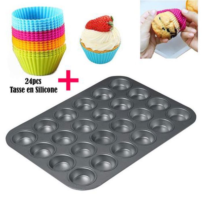 Moule pour mini cupcake x24 avec fond de gateau en silicone 24pcs, Outil gâteaux