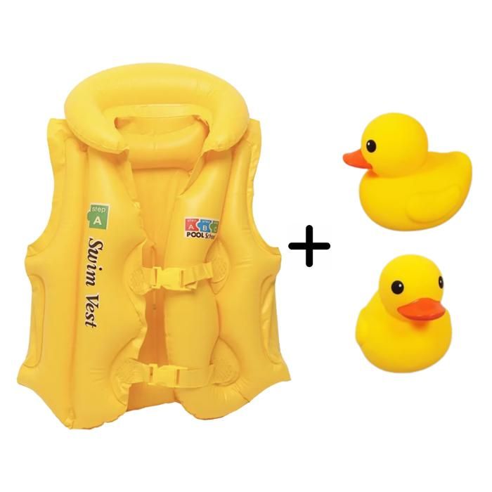 Gilet de natation gonflable pour enfants Jaune + Deux mini-canards - Mini pack