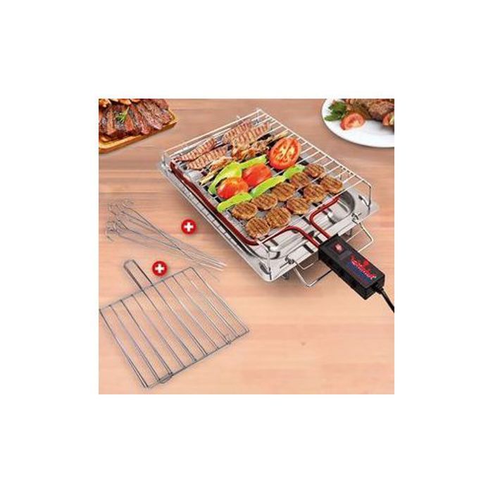 Super Barbecue Electrique portable Inoxydable + Grille + 6 Brochette