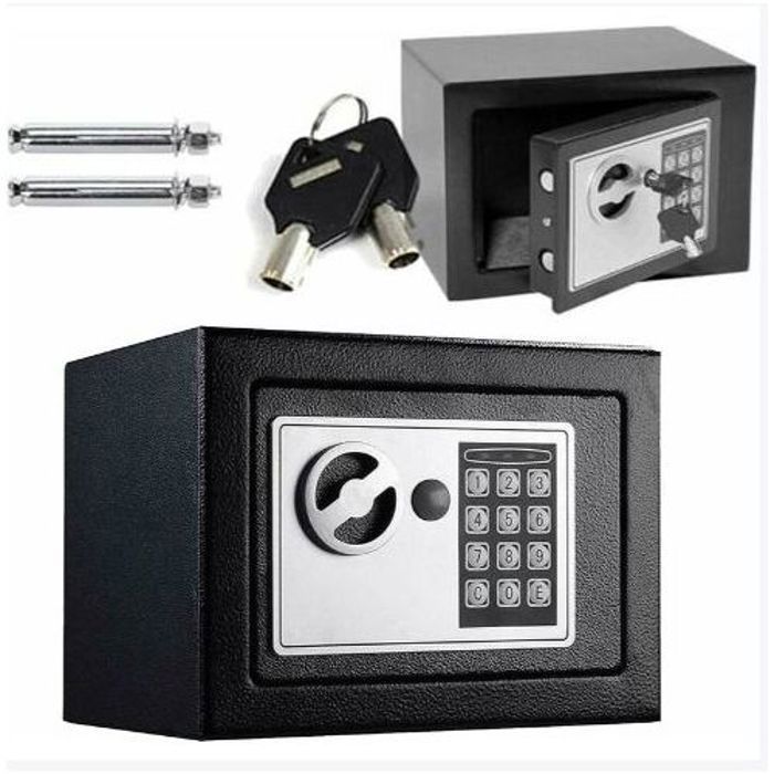 Coffre Fort à Serrure Électronique Avec Code PIN et 2 Clés, Fixations Murales et au sol 17×23×17cm - Noir