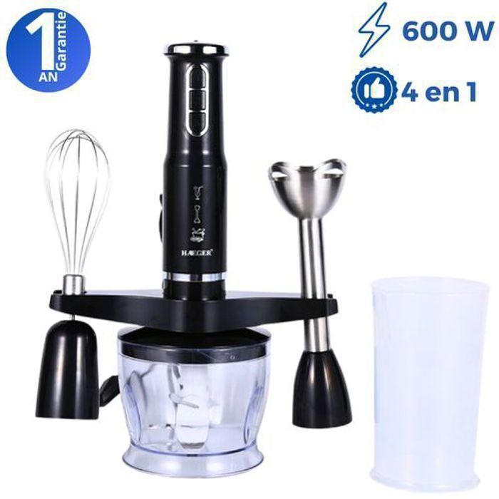 Mixeur plongeant - 4 en 1 - 600W - 3 vitesses - Design ergonomique - Accessoires inclus