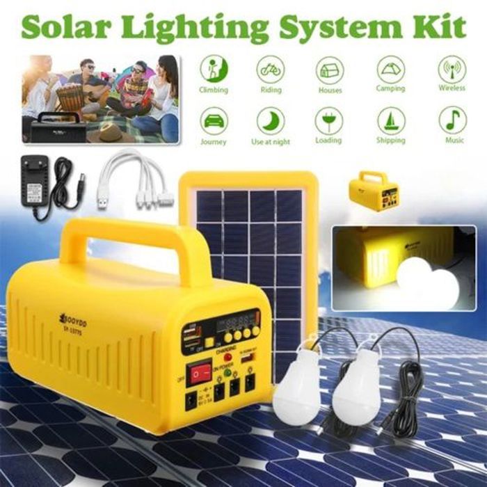 Générateur solaire avec 2 ampoules, chargeur et radio pour camping extérieur
