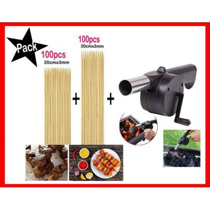 Pack ventilateur manuel pour barbecue au charbon + 100 brochettes de barbecue
