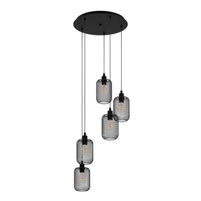 Suspension - EGLO - WRINGTON - Acier Noir - 5 Abat-jours - Vintage D540mm