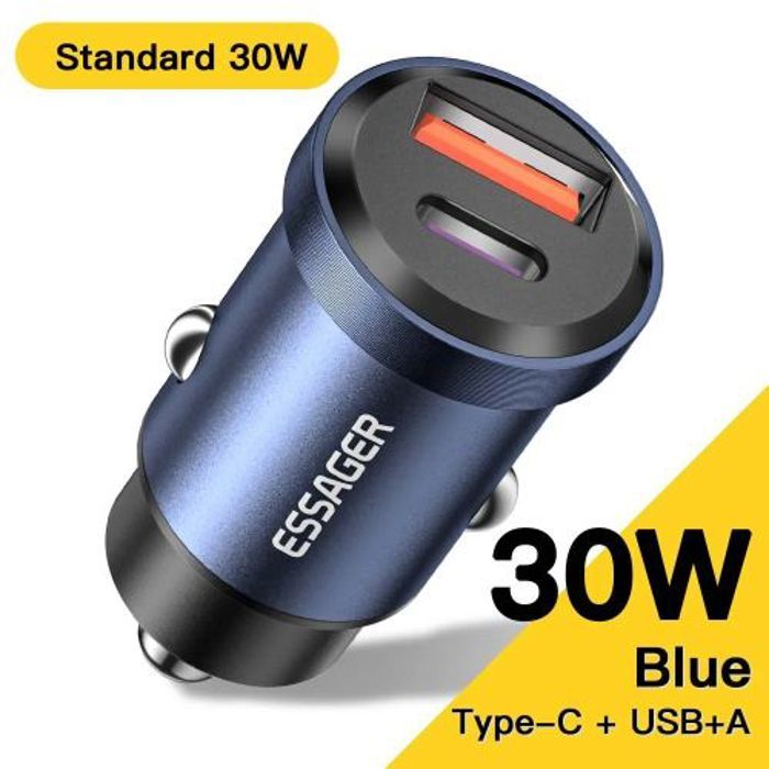 Chargeur de voiture - ESSAGER - 30W - USB + Type-C - Charge rapide - Universel