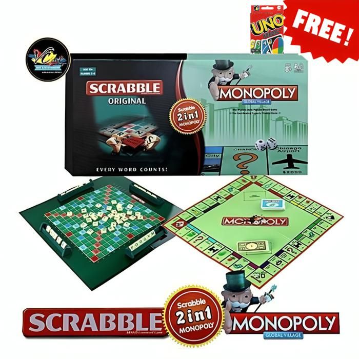 Monopoly et Scrabble 2 en 1 Jeux de société + Jeu de Carte Uno Gratuit