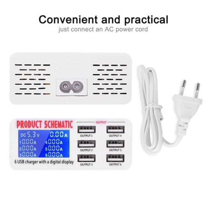 Station de Charge 30W avec 6 ports USB, affichage numérique LCD, prise UE