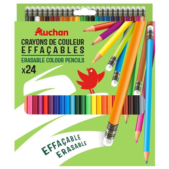 24 CRAYONS COULEURS 18 CM AVEC GOMME EN BOUT
