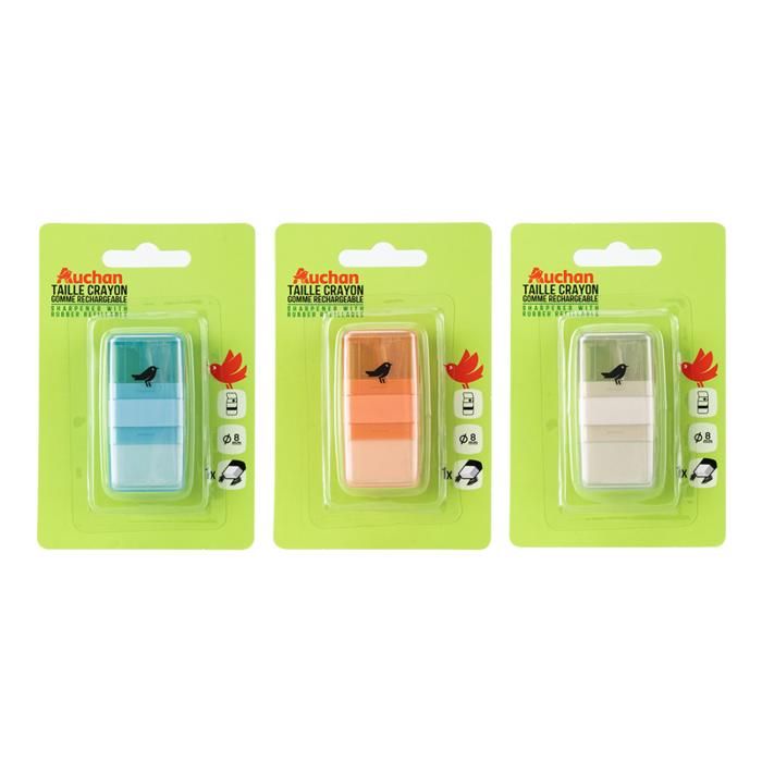 TAILLE CRAYON+GOMME 3 COULEURS ASSRT AUCHAN