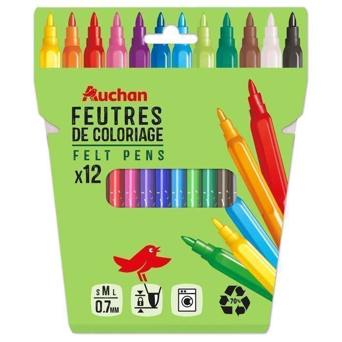 Feutres de coloriage - Auchan - 12 feutres - Recyclés - Multicolore - Effaçables