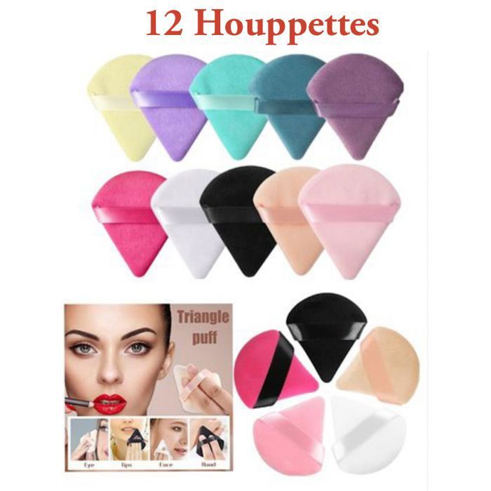 Éponges à Poudre , Lot de 12 Houppettes Velours Triangulaire .Couleurs aléatoires.