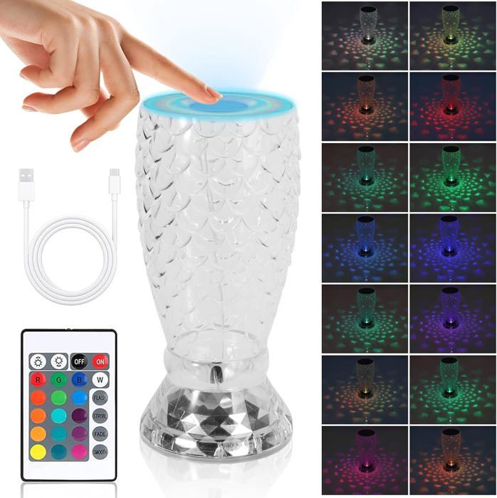 Lampe de table en cristal 16 couleurs RVB Veilleuse tactile avec télécommande