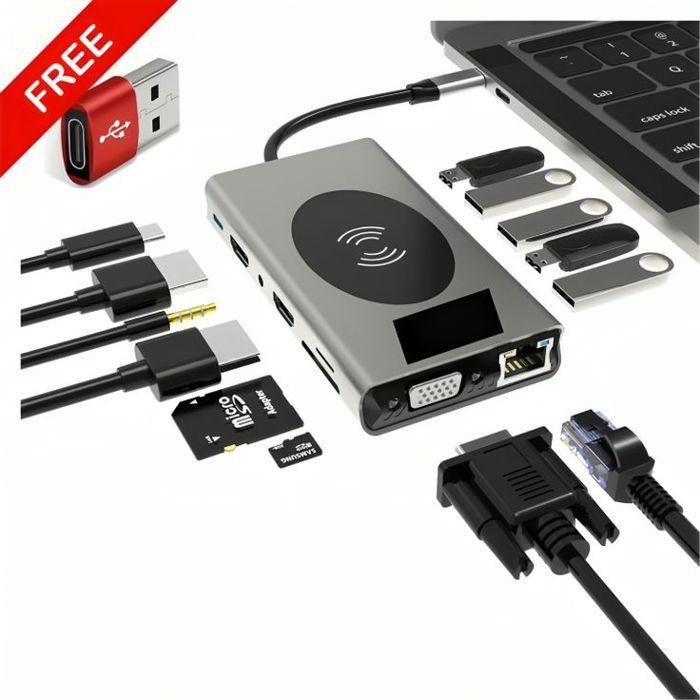 Adaptateur HUB 14 in 1 Type C vers HDMI VGA SD TF RJ45 Pd Audio3.5 10 W USB3.0 + Adaptateur USB OTG Gratuit