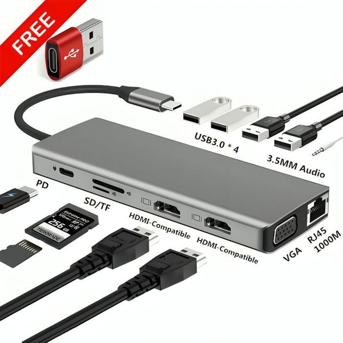 Adaptateur HUB 12 in 1 vers Dual HDMI et VGA, Port Audio, Carte SD, 4 Ports USB +  Adaptateur USB OTG Gratuit