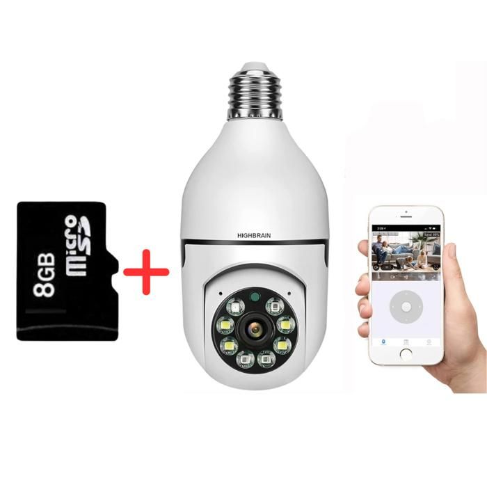 Caméra de Sécurité Domestique à Ampoule 5G - Panoramique PTZ WiFi + Carte Mémoire 8GB