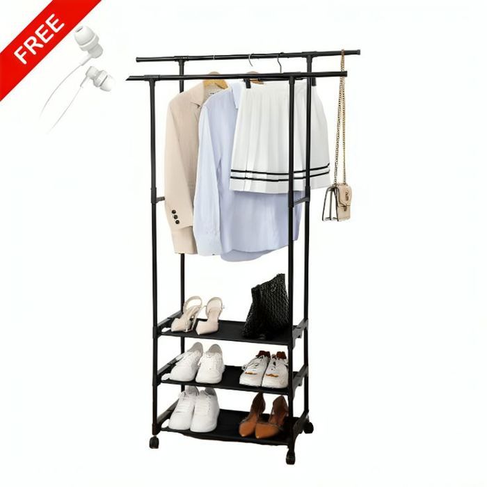 PORTE-CHAUSSURES ET PORTE-VÊTEMENTS À DOUBLE PÔLE AVEC RANGEMENT À 3 COUCHES + écouteur Heavy bass Gratuit