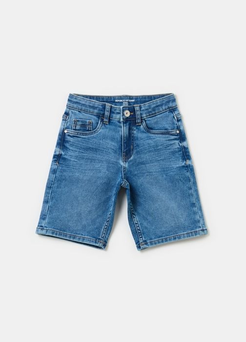 Bermuda en denim - Enfant - Garçon - Taille réglable - Cinq poches - Effet froissé