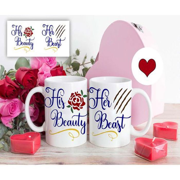 Mug en céramique - His Beauty her Beast - 325 ml - Lave-vaisselle - Design contemporain - Blanc