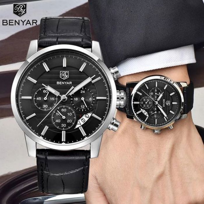 BENYAR BY-5104H – montre chronographe de luxe pour hommes avec bracelet en cuir Noir – Noir & silver