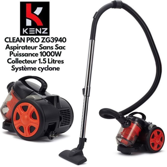 Kenz CLEAN PRO Aspirateur Electrique Sans Sac Réservoir 1.5 Litres Système Cyclonique Filtre HEPA