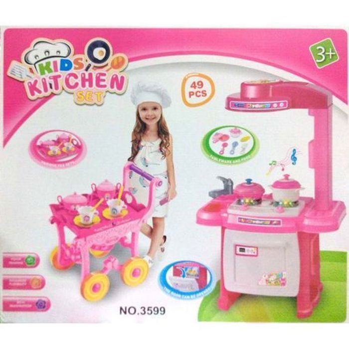 Jeu Cuisine  pour filles et chariot 2 en 1 Kitchen Kids Set (49Piéces )