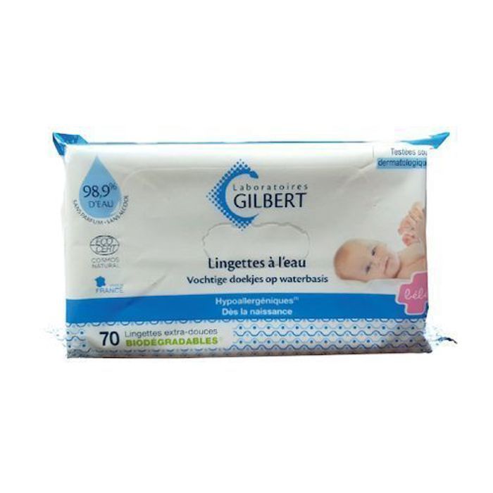 Lingettes à l'eau - GILBERT - 70 unités - Extra-douces - Hypoallergéniques - Respect des peaux délicates