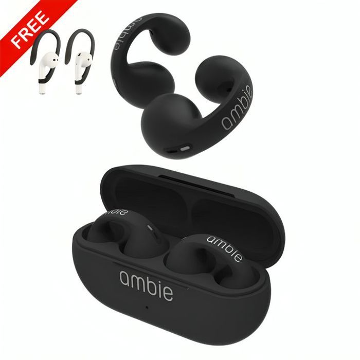 Ecouteurs sans fil AMBIE - Noir - Bluetooth 5.2 - Autonomie 30h - Crochets Sportifs Inclus