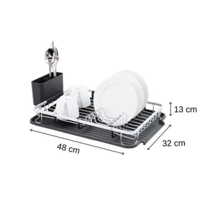 Égouttoir à vaisselle en alluminum resistant  inoxidable  - Élégant en noir et argent - Plateau amovible et porte-couverts48cm/32cm-