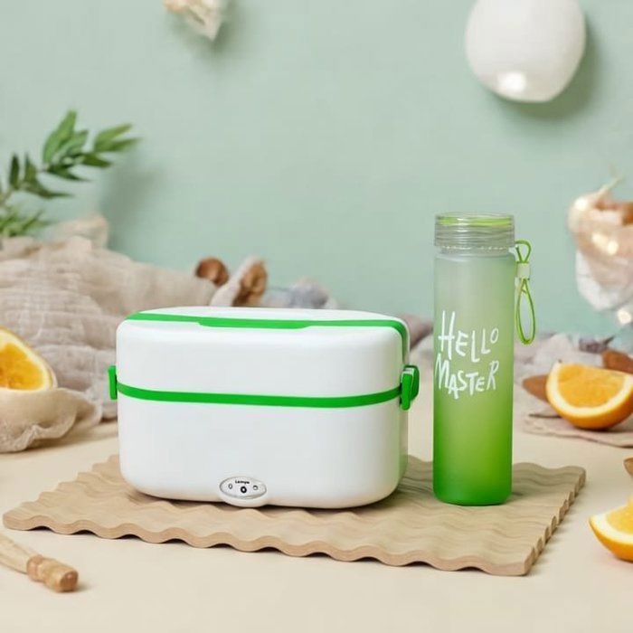 Pack Lunch Box électrique et gourde-2 compartiments inox   + Gourde Hermétique 400ml – enfants Étudiants & Bureau-couleur verte