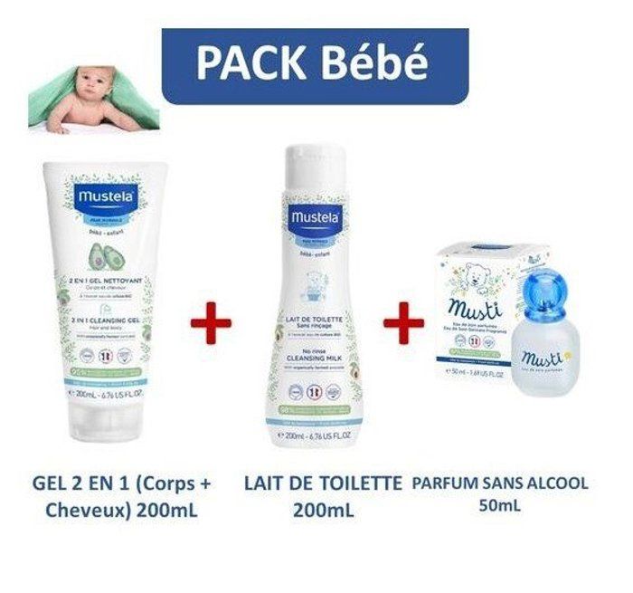 Mustela PACK GEL NETTOYANT 2EN1 200ml + LAIT DE TOILETTE 200ml +Eau de soin parfumée 50ml