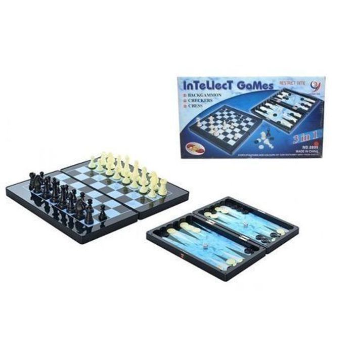 Jeu 3 en 1 : Echecs, dames et backgammon métallique