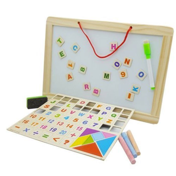 Tableau magnétique double face - dessinez et écrivez avec élégance + lettres, chiffres et tangrams