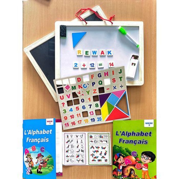 Tableau double face - + lettres, chiffres et tangram + deux livres