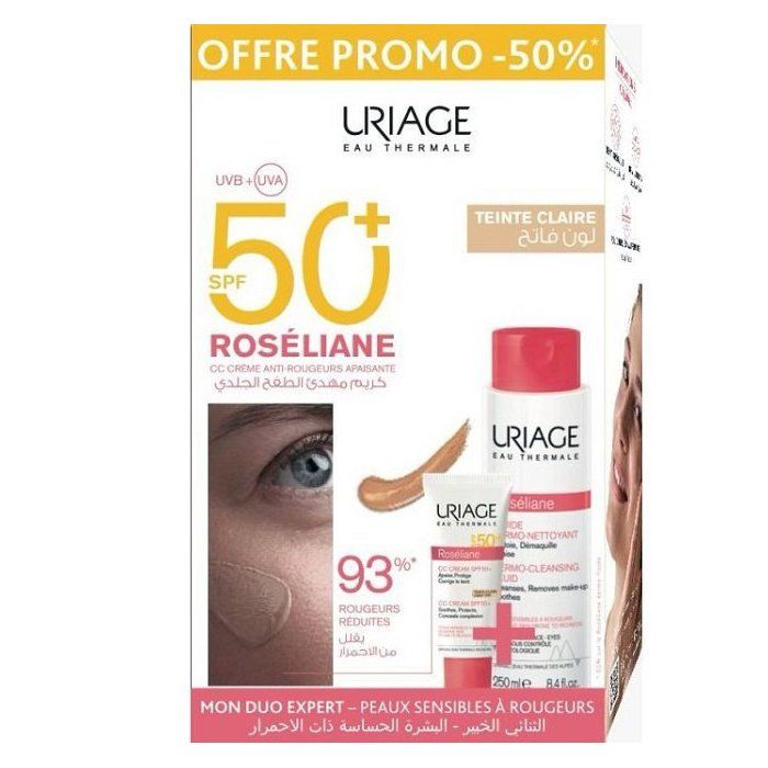 Crème Hydratante Visage - Uriage Roseliane - Teinte Claire - SPF50+ - 40 ml + Dermo Nettoyant 250 ml