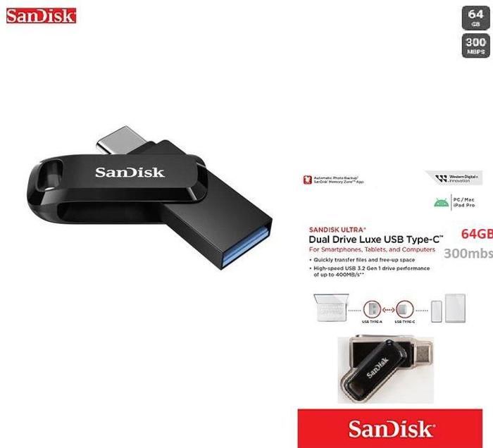 Sandisk Cle usb 64GB 2in1 ultra dual drive Go usb Type-C vitesse Jusqu'à 300 Mo/s3.2gen