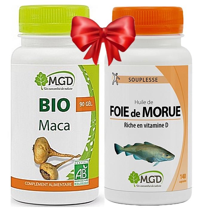 Maca bio 90gl + Huile de foie de morue Riche en Vitamine D Vitamine A 140 capsules
