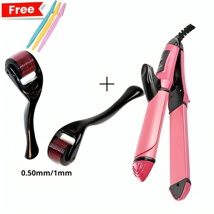 Styliseur de Cheveux 2 en 1 : Lisseur et Boucleur +  2 Système de rouleau Derma 0.50mm et 1.0mm avec 3 Razoir GRATUIT - PACK