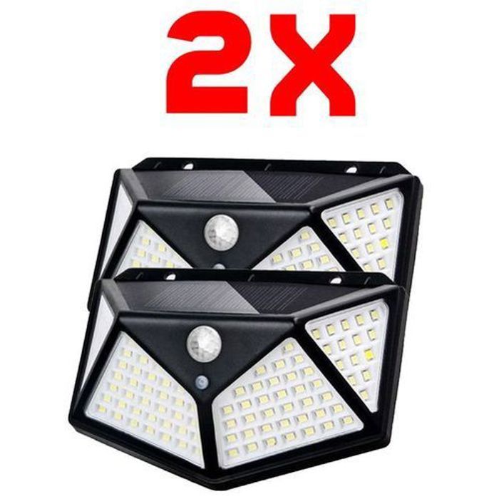 100 LED Solaire Capteur De Mouvement Applique Murale Lampe De Jardin Extérieur 3 Modes - Noir 2pc