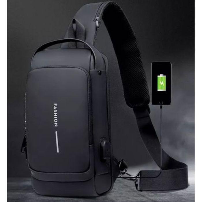 Sac à Bandoulière en Cuir, Sacoche de Poitrine Imperméable Antivol, Chargeur USB