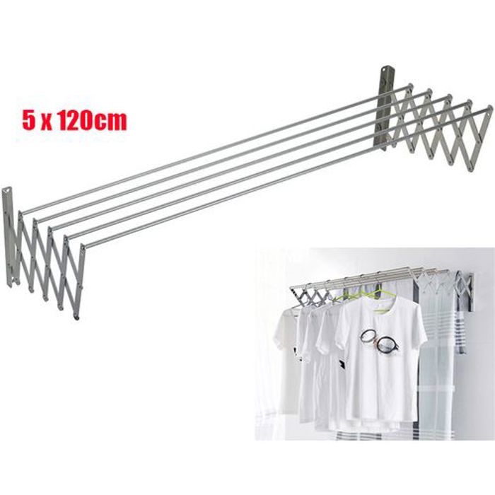 Séche Linge Extensible avec 5 barres Aluminium de 120 cm, 5x120cm