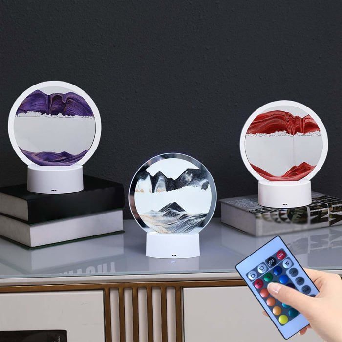 Lampe de table 3D en mouvement de sable – Lampe de sable mouvant rotative à 360 ° pour paysage de mer profonde