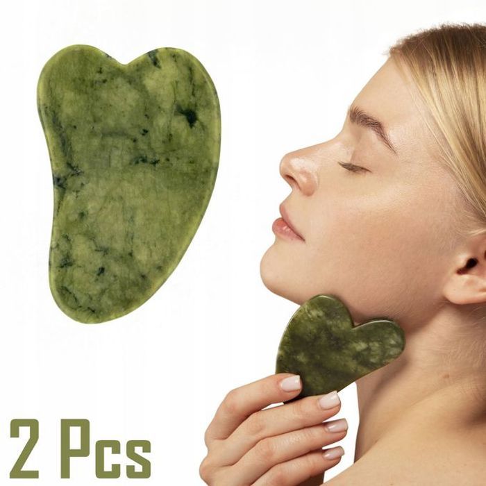 Lot de 2 Pièces - Pierre Naturel Gua Sha Jade, Outil de massage visage, Anti-stress, Relaxation