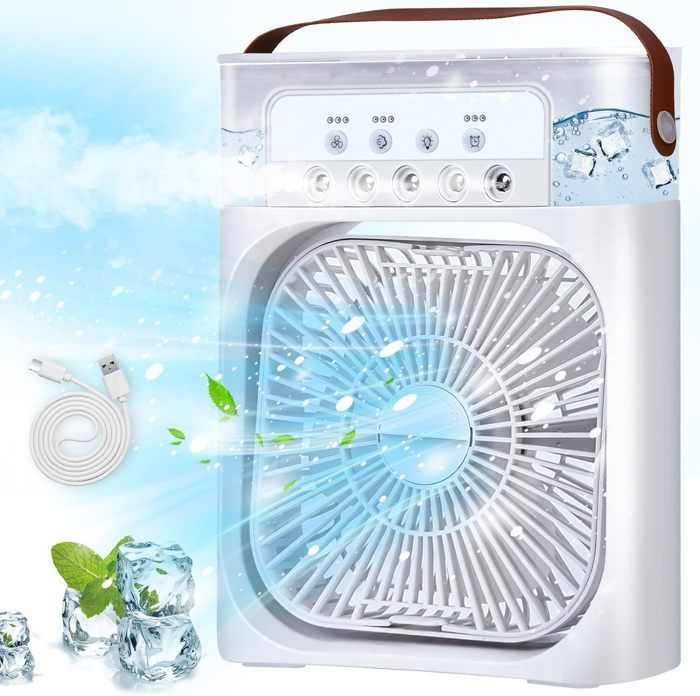 Mini Climatiseur Portable - 3 en 1 - Ventilateur à 3 Vitesses - Humidificateur - Purificateur d'Air