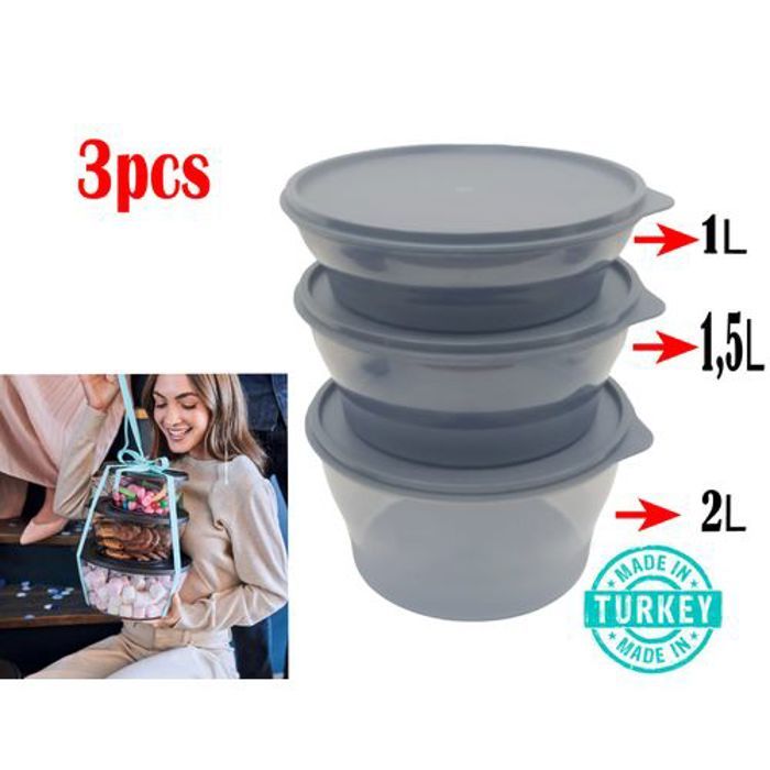 Gris Boîtes plastiques Ronde, Set de 3 pièces, 1L, 1.5L, 2L