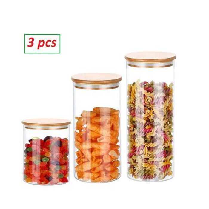 Lot de 3 pots de stockage en verre avec couvercle en bois